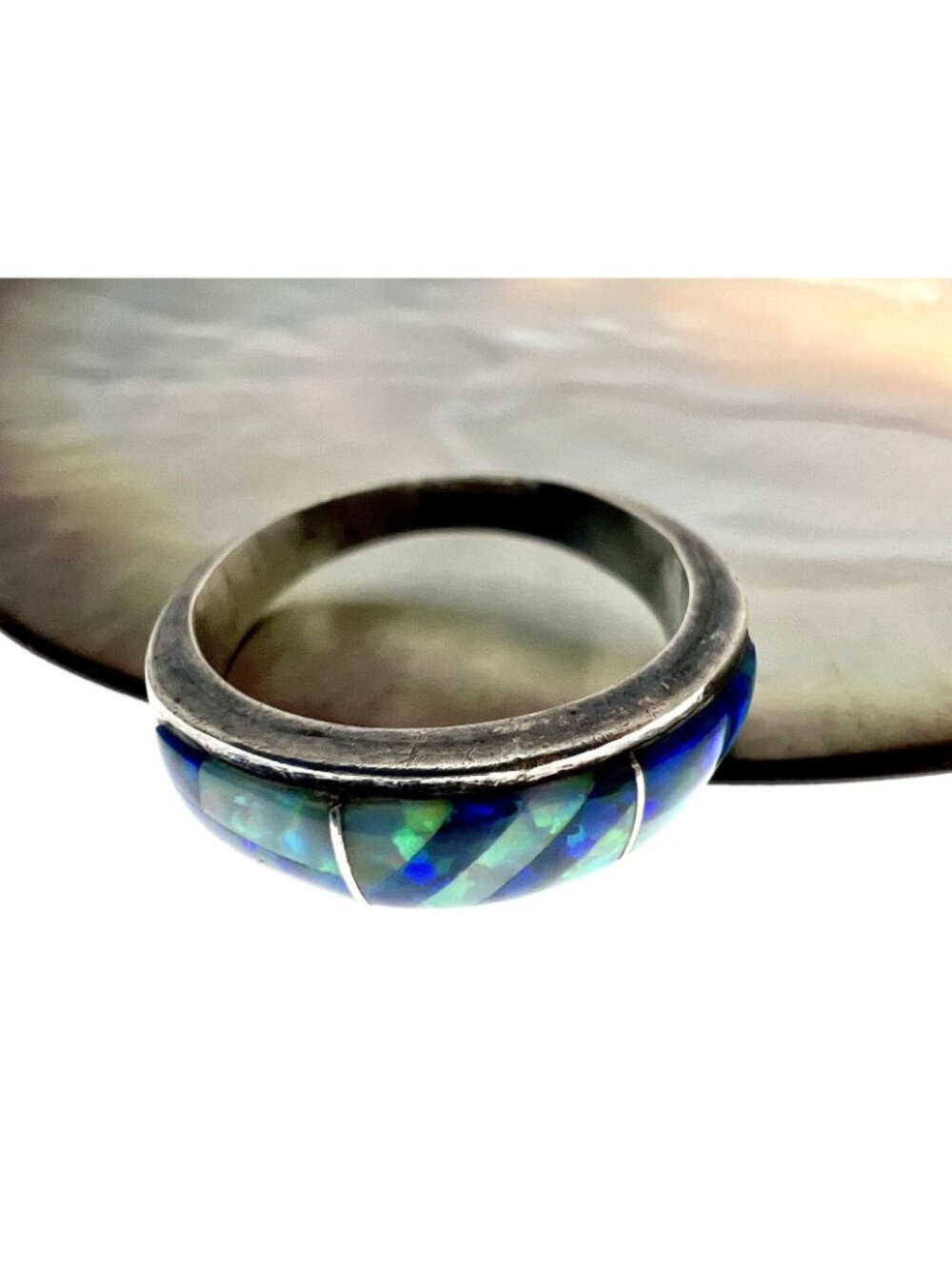 Vintage Sterling Silver & Blue Opal Inlay Ring Size - Picture 7 of 10